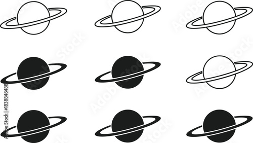 Black and white planet with ring icon set, space vector symbols, astronomy graphic elements for science design, cosmic illustration shapes collection