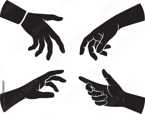 Human and Robotic Hand Icons Set – Black Silhouette Vector of Technology, Connection, and Artificial Intelligence Design 