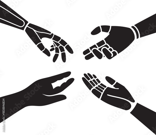 Human and Robotic Hand Icons Set – Black Silhouette Vector of Technology, Connection, and Artificial Intelligence Design 