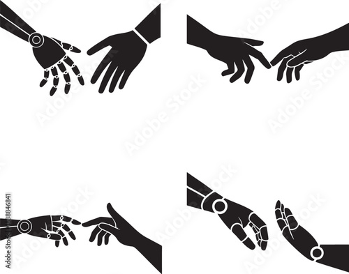 Human and Robotic Hand Icons Set – Black Silhouette Vector of Technology, Connection, and Artificial Intelligence Design 