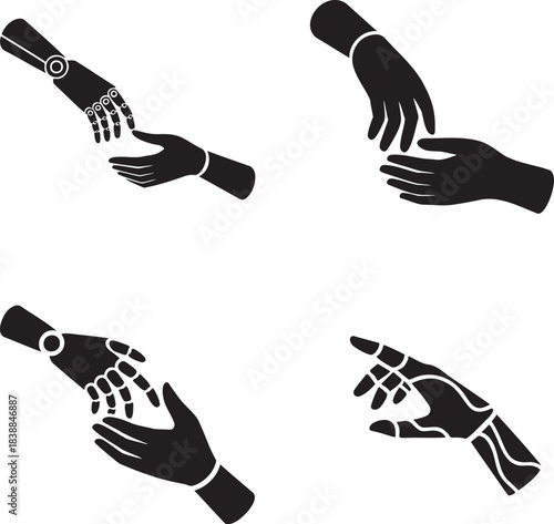 Human and Robotic Hand Icons Set – Black Silhouette Vector of Technology, Connection, and Artificial Intelligence Design 