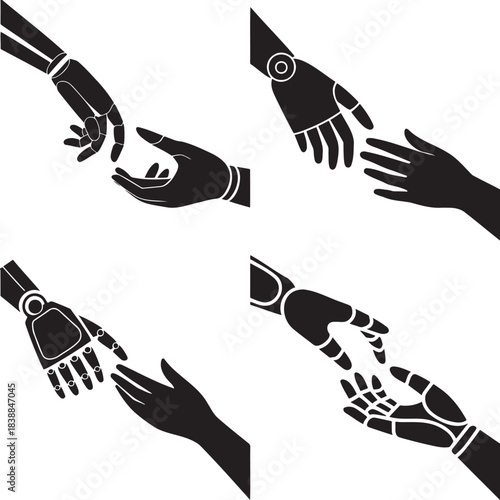 Human and Robotic Hand Icons Set – Black Silhouette Vector of Technology, Connection, and Artificial Intelligence Design 