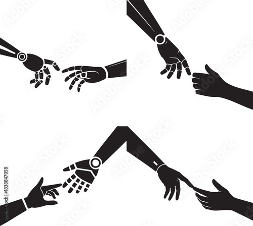Human and Robotic Hand Icons Set – Black Silhouette Vector of Technology, Connection, and Artificial Intelligence Design 