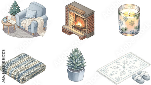 Cozy Winter Home Hygge Illustration Set, Armchair Corner, Fireplace, Candle, Knit Blanket, Succulent, Rug and Slippers Clipart for Warm Seasonal Interior Design