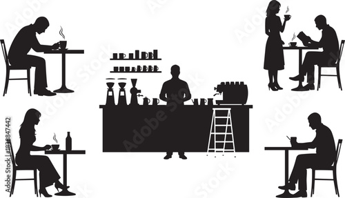 Coffee shop silhouette, barista serving drinks, people relaxing, reading, working, sipping coffee, modern café ambiance, social interaction, espresso machine, cozy public space