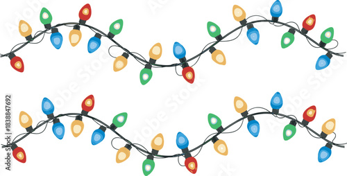 Colorful glowing holiday lights, festive Christmas string bulbs, red green blue yellow decorations, wavy wire pattern, seasonal celebration, cheerful home decor, night sparkle