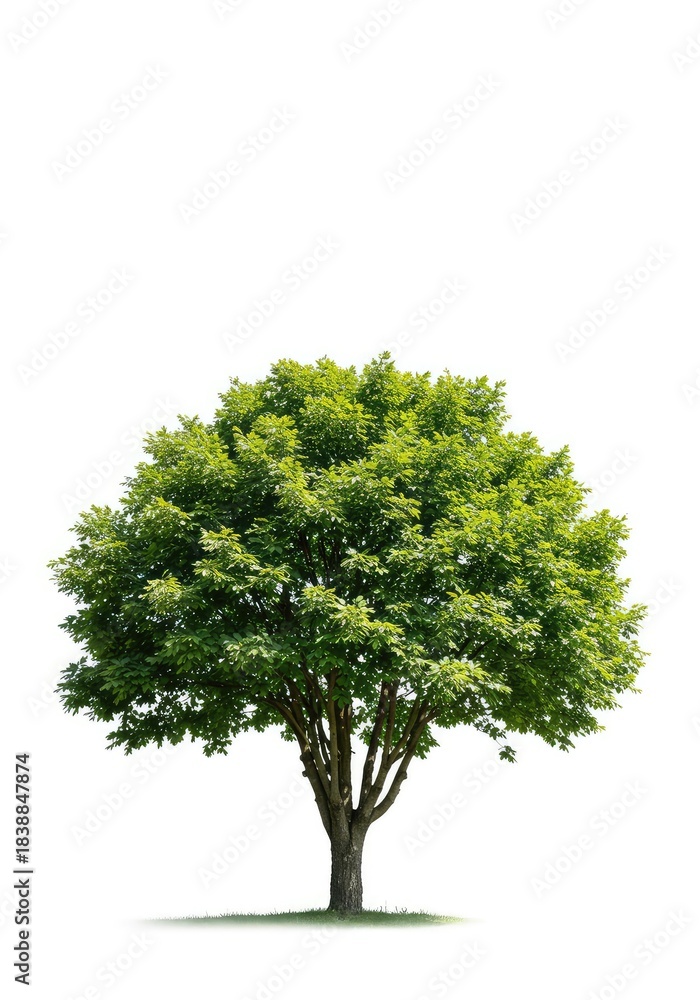 Fototapeta premium A solitary, perfectly shaped deciduous tree thrives under bright daylight, featuring lush green foliage and sturdy branches, symbolizing growth and tranquility ,summer ,daylight ,perfect