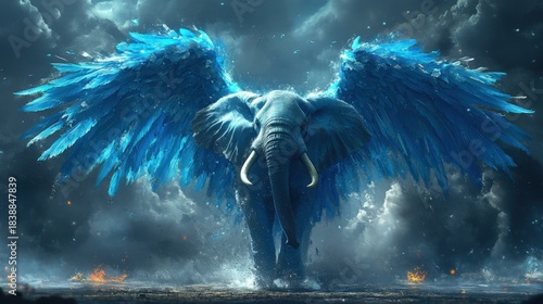 A majestic blue elephant with expansive wings stands amidst a dramatic, stormy sky. This image evokes feelings of wonder, power, and the fantastical.