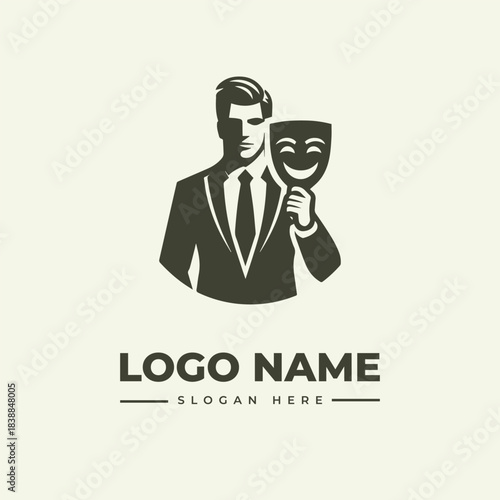 Sophisticated vector logo illustration engraving of a businessman holding a mask, symbolizing identity, duality, and corporate performance