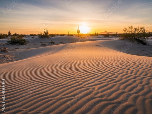 Golden sunset casts long shadows over rippled desert sand dunes and saguaro cacti.