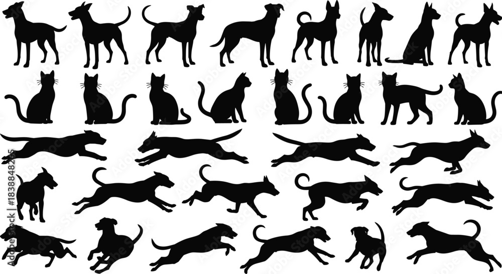 Fototapeta premium Dog and cat silhouette vector illustration set, different pet poses, domestic animals walking running sitting shapes for design and decoration