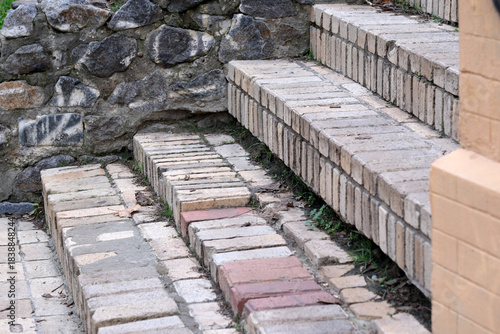 Steps crafted from earthy bricks amid natural stone backdrop