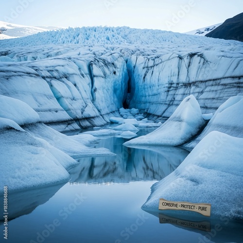 Majestic glacial ice formations reflecting in calm, clear water under a bright sky.