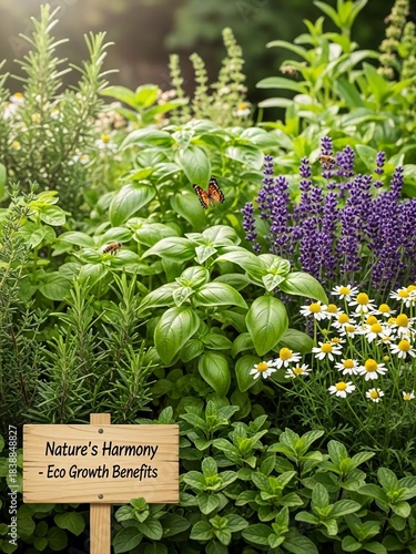 Vibrant herb garden with a butterfly, showcasing the beauty of nature and eco-friendly growth.