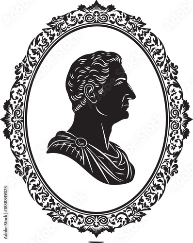 Silhouette of a classical bust in an ornate oval frame