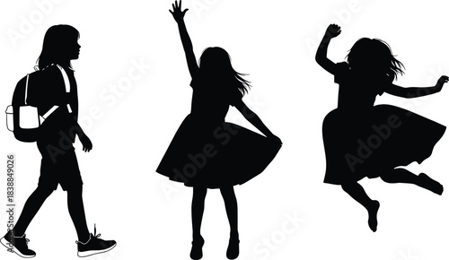 Happy children silhouettes playing, walking with backpack, dancing and jumping, active girl poses collection, childhood freedom, joyful kids movement illustration set vector