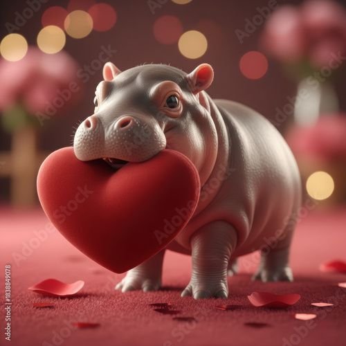 Cute Baby Hippo Holding Red Heart, cutout isolated on transparent background