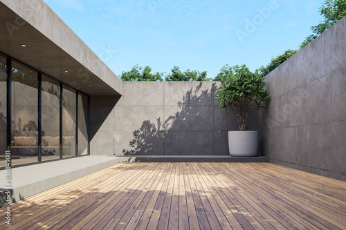 Modern loft style outdoor patio with wooden deck and concrete walls 3D render , glass windows, and lush potted plant, blending modern architecture with natural tranquility.