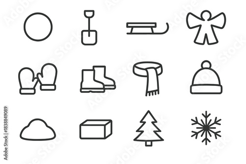 Snow Play Icon Set. Snow play elements. Line outline icon set of Snow play elements: snowball, snow shovel,