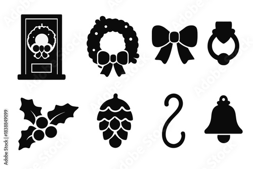 Festive Door Wreath Icons. Festive Wreath on a Front Door. Filled icon set of Festive Wreath on a Front Door: