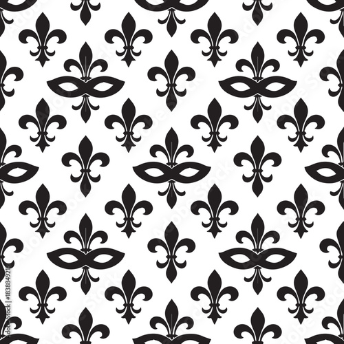 Elegant black fleur de lis and masquerade mask pattern on white background