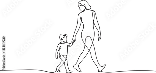 Continuous line drawing of the mother walked with her son. one line Icon drawing