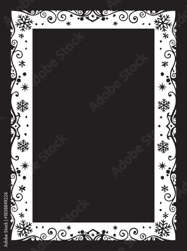 Decorative black and white border with snowflakes and swirls