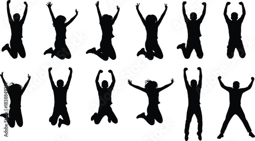 Happy people jumping silhouettes collection, joyful men and women celebrating success, excitement freedom energy movement, active lifestyle celebration poses vector illustration set