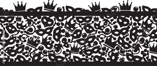 Black and white silhouette pattern of masks and crowns