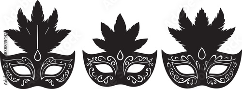 Three ornate black masquerade masks with feather accents on a white background