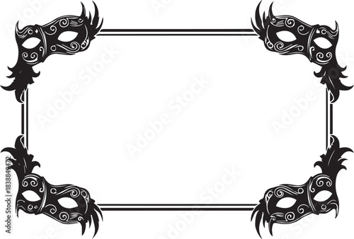 Elegant black masquerade masks frame a decorative border