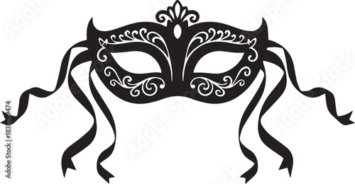 Elegant black masquerade mask with decorative filigree and ribbons