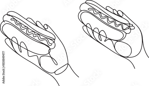 Set of hand hold hotdog one line continuous drawing. American street fast food. one line Icon drawing