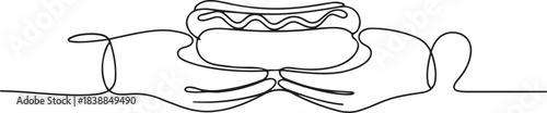 Set of hand hold hotdog one line continuous drawing. American street fast food. one line Icon drawing