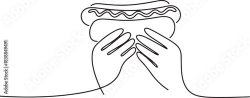 Set of hand hold hotdog one line continuous drawing. American street fast food. one line Icon drawing