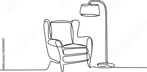 Continuous line drawing of armchair and lamp. One line of interior Living room with modern furniture with abstract shapes. one line Icon drawing