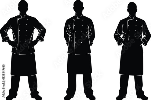 Professional chef silhouette standing in uniform, culinary worker illustration showing cooking expertise, restaurant staff teamwork, kitchen job concept, food industry design