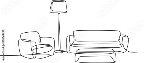 Continuous line drawing of armchair and lamp. One line of interior Living room with modern furniture with abstract shapes. one line Icon drawing