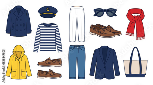 Nautical Apparel Collection Flat Lay Illustration: Wardrobe Essential Set