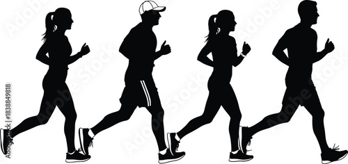 Running people silhouette group, active fitness lifestyle illustration with jogging men and women, sport training exercise outdoors health activity vector artwork