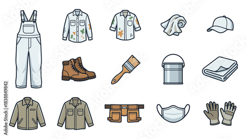 Painter's Outfit & Tools: Overalls, Shirts, Brush, Boots, Bucket and Gloves