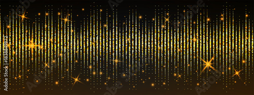 Golden curtain backdrop with glittering rain effect and sparkling particles creates luxurious atmosphere for music awards, DJ events, and festive celebrations with elegant shine.