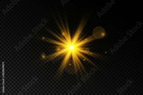 Radiant light flare with golden glow and sun rays creating a luminous halo effect on transparent background, perfect for adding brilliant shine and warm sunlight burst to designs.