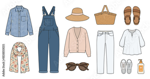 Fashionable apparel assortment, clothes collection, garment selection. Vector illustration flat lay.