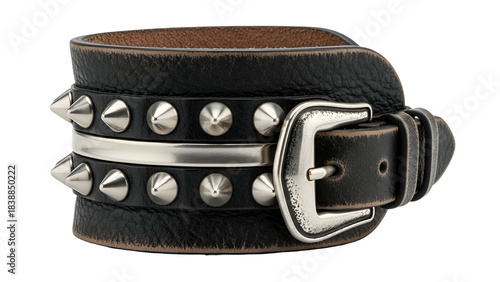 Distressed leather cuff bracelet with metal studs, bar, and buckle clasp