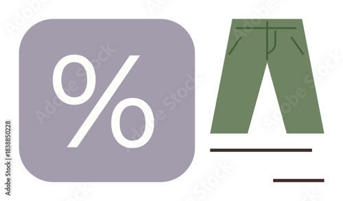 Purple square with percent sign and green trousers symbolizing discounts, offers, and clothing deals. Ideal for retail, fashion, promotions, sales, shopping apparel marketing. Simple flat metaphor