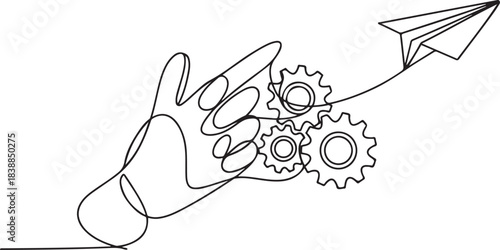 Continuous One line drawing of hand launching Paper plane connected with gears in one continuous line drawing. Airplane in outline style. one line Icon drawing