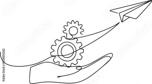 Continuous One line drawing of hand launching Paper plane connected with gears in one continuous line drawing. Airplane in outline style. one line Icon drawing
