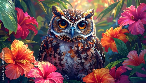 A detailed image of a majestic owl perched among vibrant hibiscus flowers