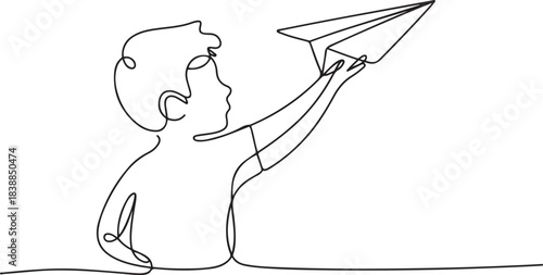 A boy prepares to fly his paper plane. Paper plane one-line drawing. one line Icon drawing